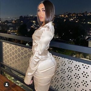 champagne satin ruched shirt dress